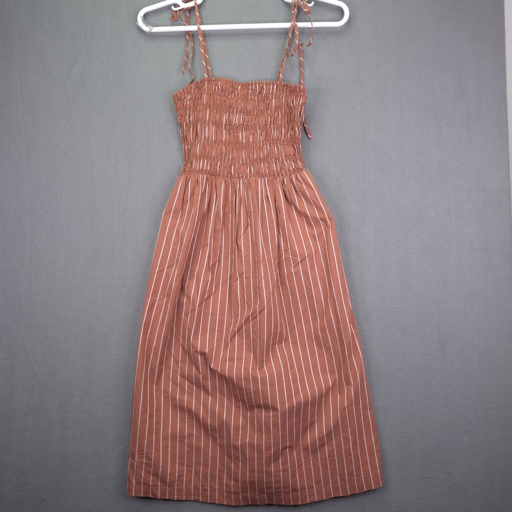 A New Day Midi Dress Smocked Bodice Striped Brown XS Cotton Tie Strap Pocket